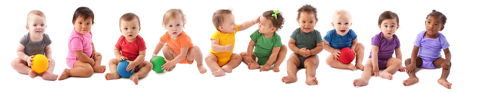 An image of babies and toddlers of various ethnicities wearing colorful onesies and sitting side by side in a long line.